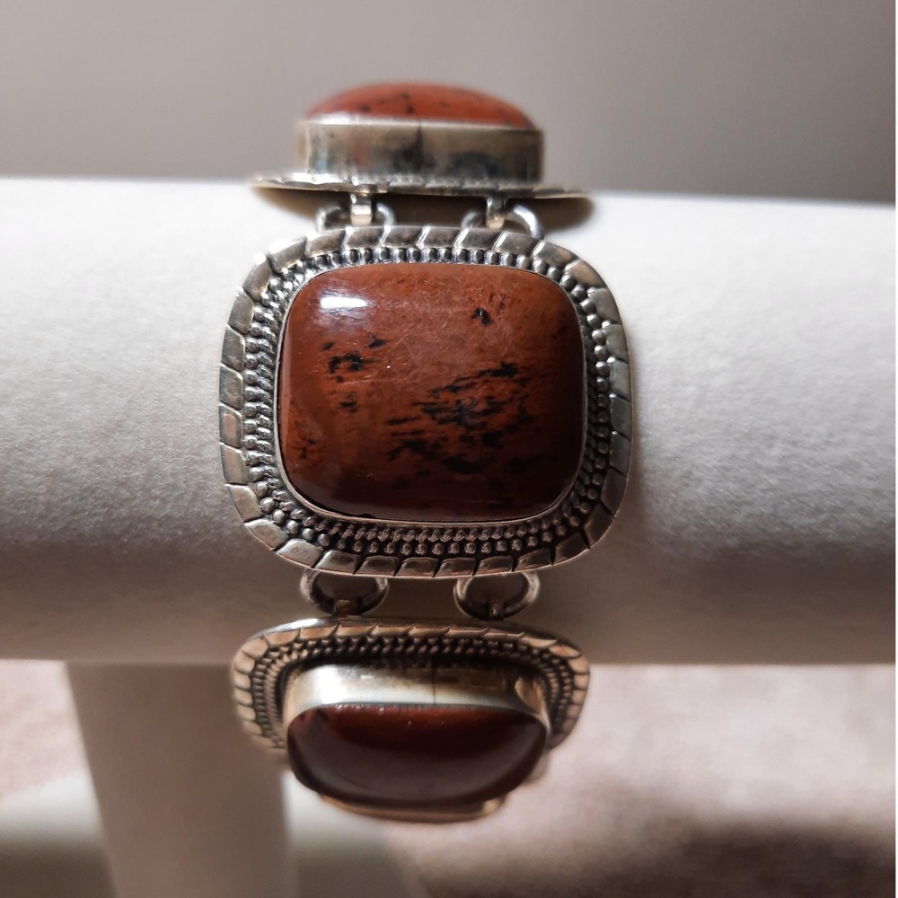 Brown obsidian bracelet in sterling silver artisan crafted in Mexico 109 grams